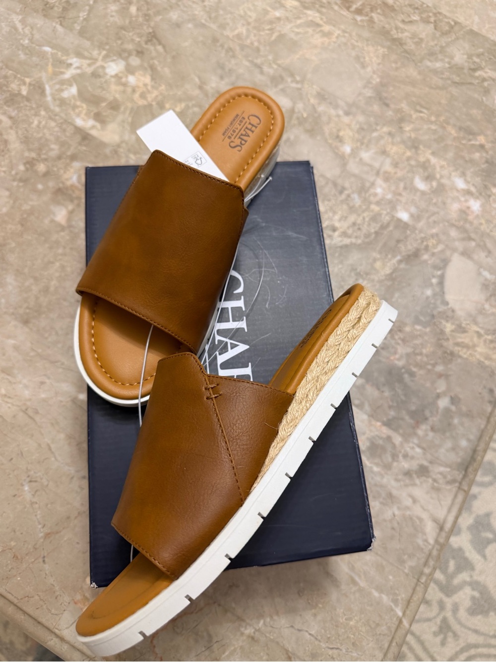 Chaps Women’s Tan Slide Sandals with Espadrille Trim